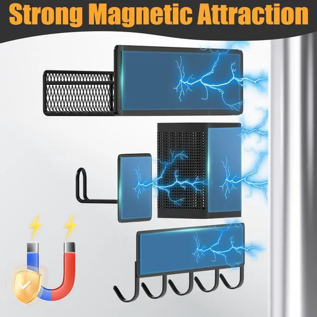 Alt view image 3 of 6 - Magnetic Spice Rack for Refrigerator, 10 Pack 100% Metal Strong Magnet Shelf, Moveable Spice Organizer W/ Adjustable Paper Towel Holder, Hook Rack & Utensil Caddy, Home Kitchen Laundry Storage, Black