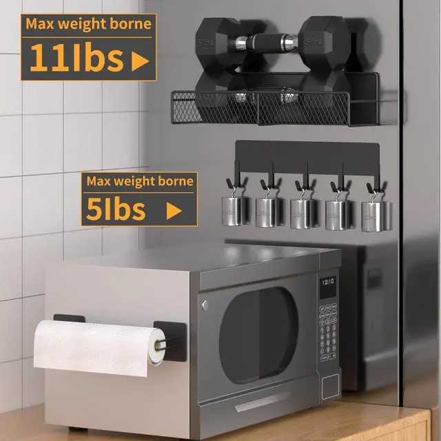 Alt view image 5 of 6 - Magnetic Spice Rack for Refrigerator, 10 Pack 100% Metal Strong Magnet Shelf, Moveable Spice Organizer W/ Adjustable Paper Towel Holder, Hook Rack & Utensil Caddy, Home Kitchen Laundry Storage, Black