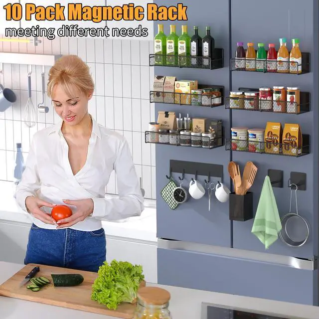 Alt view image 6 of 6 - Magnetic Spice Rack for Refrigerator, 10 Pack 100% Metal Strong Magnet Shelf, Moveable Spice Organizer W/ Adjustable Paper Towel Holder, Hook Rack & Utensil Caddy, Home Kitchen Laundry Storage, Black