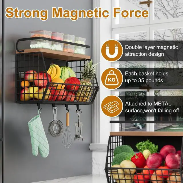 Alt view image 3 of 7 - Magnetic Shelf for Fridge,Hanging Wall Basket for Potato Onion Fruit and Vegetable Storage Bins,Large Produce Container Magnetic Spice Rack for Refrigerator Kitchen Counter Pantry,Black