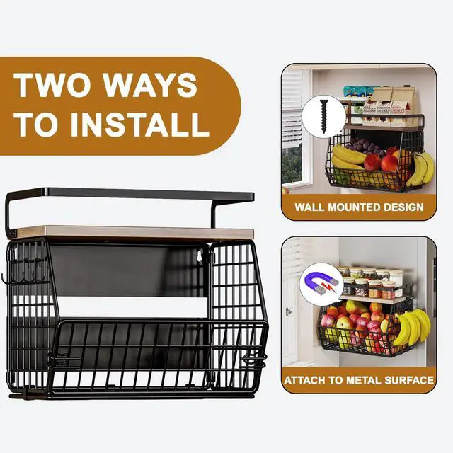 Alt view image 7 of 7 - Magnetic Shelf for Fridge,Hanging Wall Basket for Potato Onion Fruit and Vegetable Storage Bins,Large Produce Container Magnetic Spice Rack for Refrigerator Kitchen Counter Pantry,Black