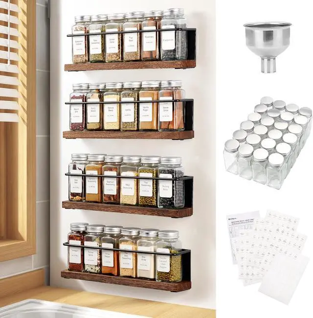 Main image of Magnetic Spice Rack with 24 Jars, 216 Labels, 1 Steel Funnel for RefrigeratorMicrowave Oven - Full Set of Spice Organizer