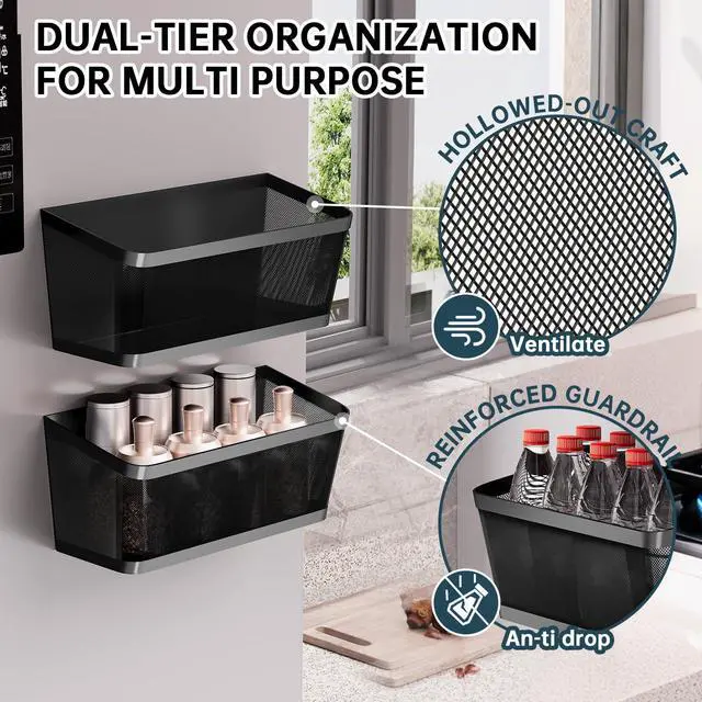 Alt view image 3 of 7 - 2Pcs Magnetic Spice Rack for Fridge Magnet Hanging Basket Holder for Seasonings Fruit Vegetables Coffee Beans Magnetic Organizer Shelf, Kitchen Refrigerator Organizers