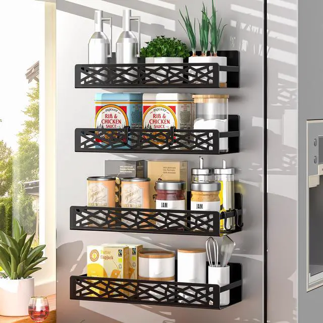 Main image of 4 Pack Magnetic Spice Rack for Refrigerator, Heavy Duty Metal Magnetic Fridge Spice Rack Organizer with 4 Hooks, No Drilling Rustproof Spice Storage for Kitchen Organization,11LB Load Capacity