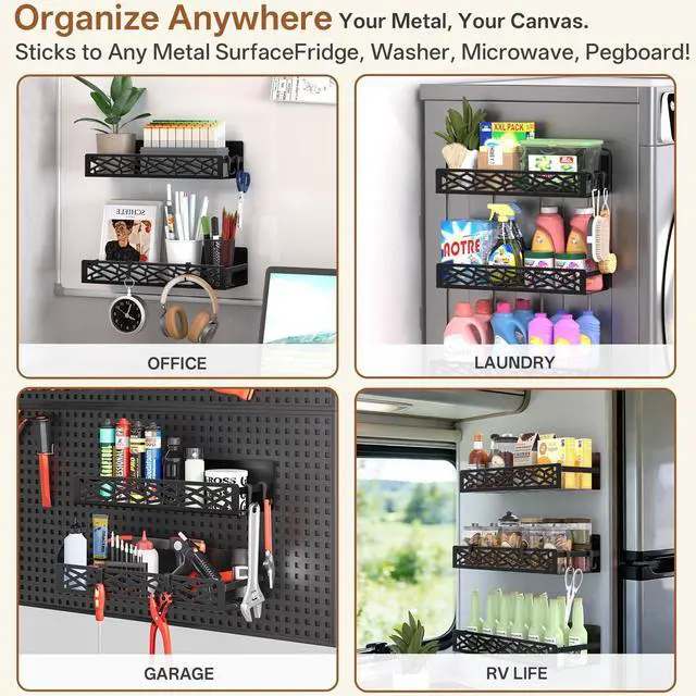 Alt view image 6 of 7 - 4 Pack Magnetic Spice Rack for Refrigerator, Heavy Duty Metal Magnetic Fridge Spice Rack Organizer with 4 Hooks, No Drilling Rustproof Spice Storage for Kitchen Organization,11LB Load Capacity