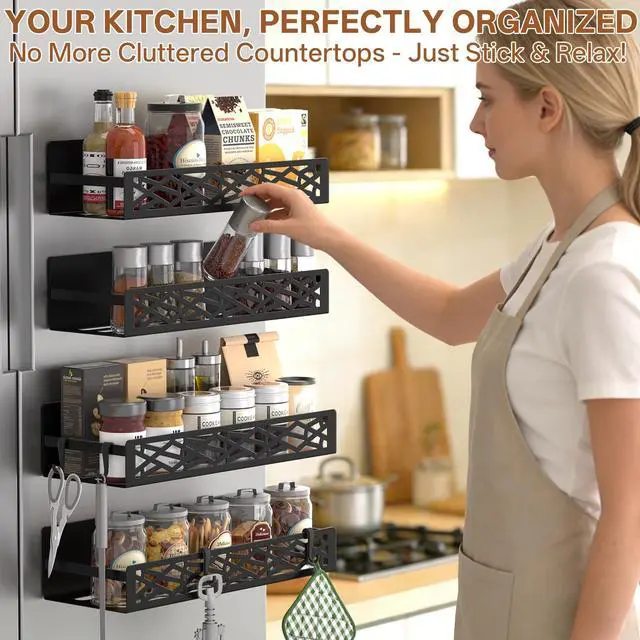Alt view image 7 of 7 - 4 Pack Magnetic Spice Rack for Refrigerator, Heavy Duty Metal Magnetic Fridge Spice Rack Organizer with 4 Hooks, No Drilling Rustproof Spice Storage for Kitchen Organization,11LB Load Capacity