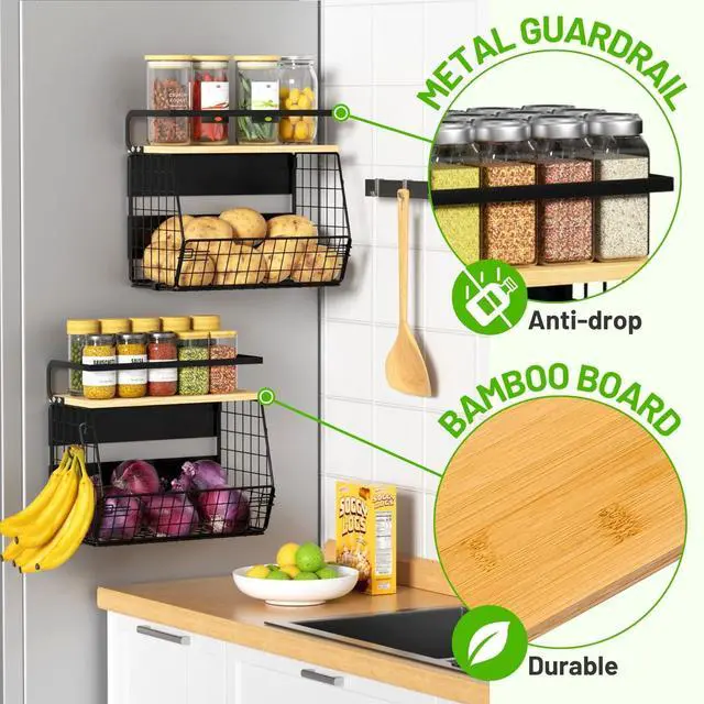 Alt view image 3 of 7 - Magnetic Shelf for Fridge with Wood Lid, Fruit Potato and Onion Storage Bins, Pantry Organizers & Storage, Large Container Magnetic Spice Rack for Refrigerator, Kitchen Counter, Cabinet