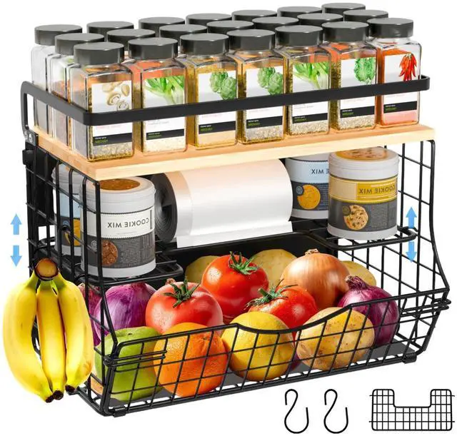 Main image of 3-Tier Magnetic Shelf for Fridge with Divider & Bamboo Top, Fruit Basket Potato and Onion Storage Bins, Kitchen Large Container Magnetic Spice Rack for Refrigerator, Kitchen Counter, Fridge Organizer
