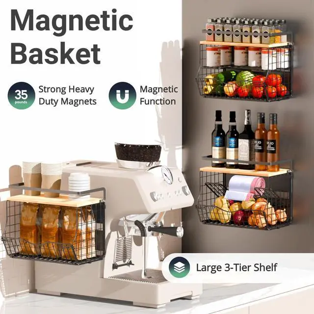 Alt view image 2 of 7 - 3-Tier Magnetic Shelf for Fridge with Divider & Bamboo Top, Fruit Basket Potato and Onion Storage Bins, Kitchen Large Container Magnetic Spice Rack for Refrigerator, Kitchen Counter, Fridge Organizer