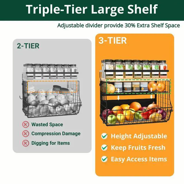 Alt view image 3 of 7 - 3-Tier Magnetic Shelf for Fridge with Divider & Bamboo Top, Fruit Basket Potato and Onion Storage Bins, Kitchen Large Container Magnetic Spice Rack for Refrigerator, Kitchen Counter, Fridge Organizer