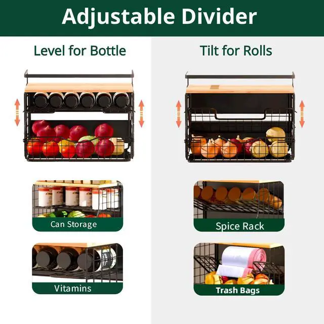 Alt view image 4 of 7 - 3-Tier Magnetic Shelf for Fridge with Divider & Bamboo Top, Fruit Basket Potato and Onion Storage Bins, Kitchen Large Container Magnetic Spice Rack for Refrigerator, Kitchen Counter, Fridge Organizer