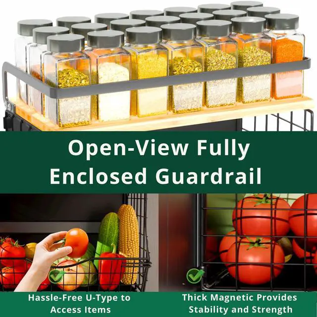 Alt view image 5 of 7 - 3-Tier Magnetic Shelf for Fridge with Divider & Bamboo Top, Fruit Basket Potato and Onion Storage Bins, Kitchen Large Container Magnetic Spice Rack for Refrigerator, Kitchen Counter, Fridge Organizer