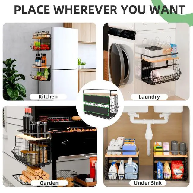 Alt view image 7 of 7 - 3-Tier Magnetic Shelf for Fridge with Divider & Bamboo Top, Fruit Basket Potato and Onion Storage Bins, Kitchen Large Container Magnetic Spice Rack for Refrigerator, Kitchen Counter, Fridge Organizer