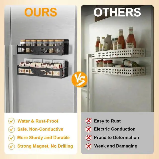 Alt view image 3 of 7 - Magnetic Spice Rack for Refrigerator, 2 Pack Metal Magnetic Shelf Organizer for Fridge Side, Strong Spice Storage Rack for Kitchen, Black
