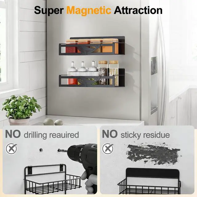 Alt view image 5 of 7 - Magnetic Spice Rack for Refrigerator, 2 Pack Metal Magnetic Shelf Organizer for Fridge Side, Strong Spice Storage Rack for Kitchen, Black
