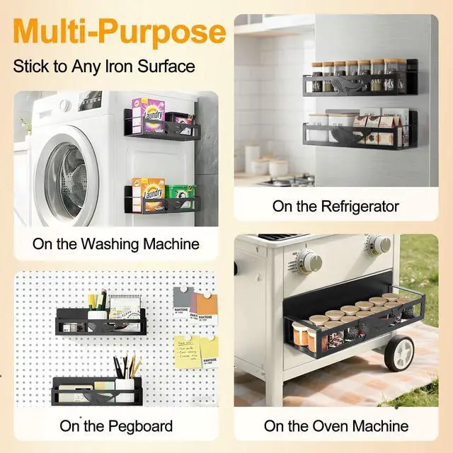 Alt view image 6 of 7 - Magnetic Spice Rack for Refrigerator, 2 Pack Metal Magnetic Shelf Organizer for Fridge Side, Strong Spice Storage Rack for Kitchen, Black