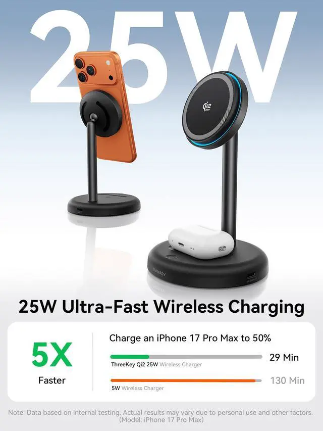 Alt view image 2 of 7 - 25W Wireless Charger Stand: Qi2.2 Certified 2-in-1 Fast Charging Station for Apple with Cooling Fan - for iPhone 17/16/15/14/13/12 & AirPods Nightstand, Office, Desk (No Adapter)
