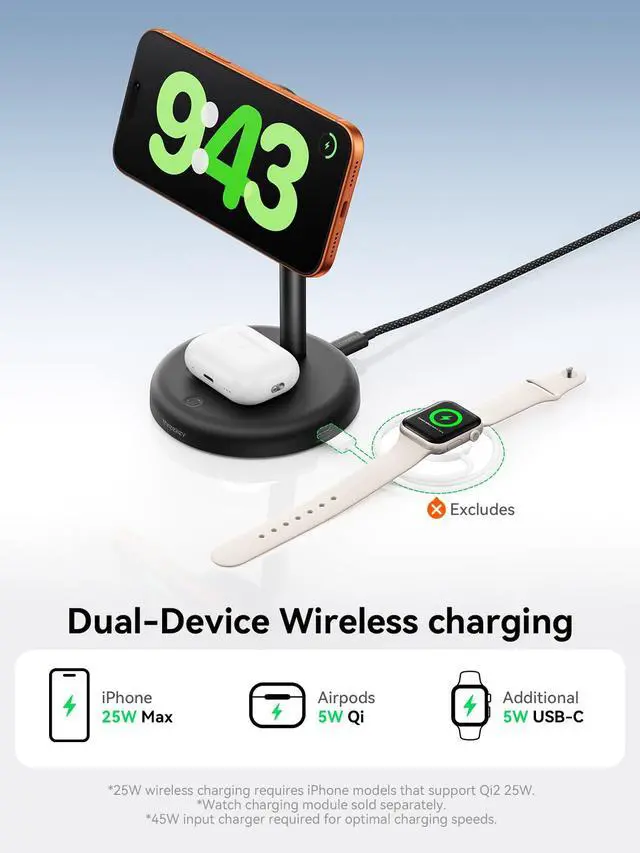 Alt view image 3 of 7 - 25W Wireless Charger Stand: Qi2.2 Certified 2-in-1 Fast Charging Station for Apple with Cooling Fan - for iPhone 17/16/15/14/13/12 & AirPods Nightstand, Office, Desk (No Adapter)