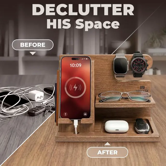 Alt view image 2 of 7 - Wood Phone Docking Station for Men - Desktop or Nightstand Organizer - Birthday Gifts for Men, Dad - Anniversary Idea from Wife - Key Holder, Stand Wallet, Watch & Essentials (Earth Beige)