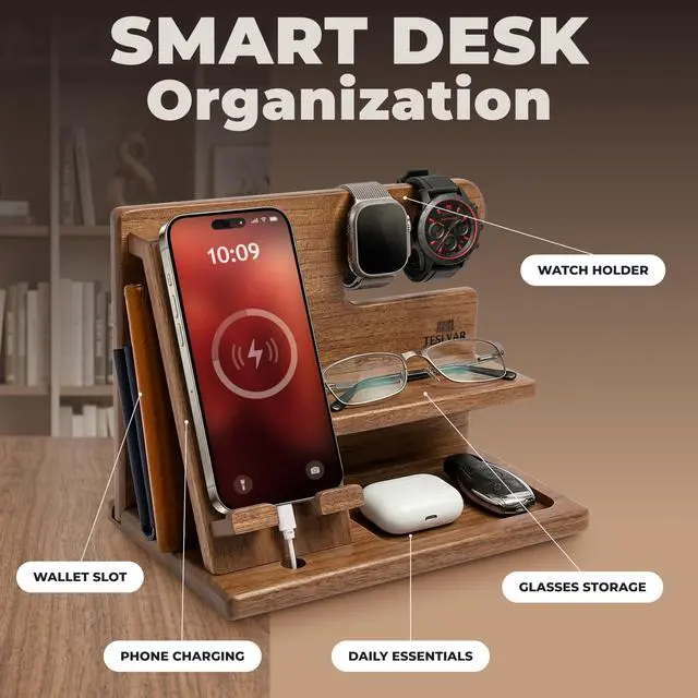 Alt view image 3 of 7 - Wood Phone Docking Station for Men - Desktop or Nightstand Organizer - Birthday Gifts for Men, Dad - Anniversary Idea from Wife - Key Holder, Stand Wallet, Watch & Essentials (Earth Beige)
