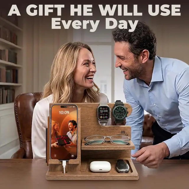 Alt view image 6 of 7 - Wood Phone Docking Station for Men - Desktop or Nightstand Organizer - Birthday Gifts for Men, Dad - Anniversary Idea from Wife - Key Holder, Stand Wallet, Watch & Essentials (Earth Beige)