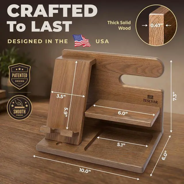 Alt view image 5 of 7 - Wood Phone Docking Station for Men - Desktop or Nightstand Organizer - Birthday Gifts for Men, Dad - Anniversary Idea from Wife - Key Holder, Stand Wallet, Watch & Essentials (Earth Beige)
