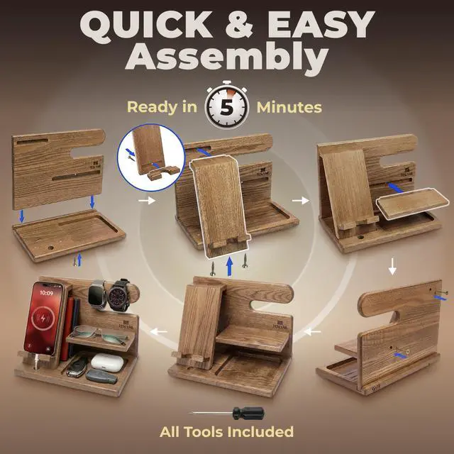 Alt view image 7 of 7 - Wood Phone Docking Station for Men - Desktop or Nightstand Organizer - Birthday Gifts for Men, Dad - Anniversary Idea from Wife - Key Holder, Stand Wallet, Watch & Essentials (Earth Beige)