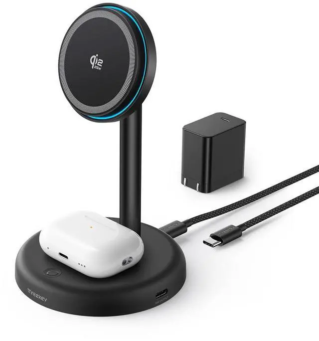Main image of 25W Wireless Charger Stand: Qi2.2 Certified 2-in-1 Fast Charging Station for Apple with Cooling Fan - for iPhone 17/16/15/14/13/12 & AirPods Nightstand, Office, Desk (45W Adapter Included)