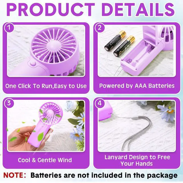 Alt view image 3 of 7 - 12 Pcs Mini Portable Fan Handheld Battery Operated Portable Small Personal Fans for Summer Beach Indoor Outdoor Travel Cooling Gift (Pink,Purple,Green)