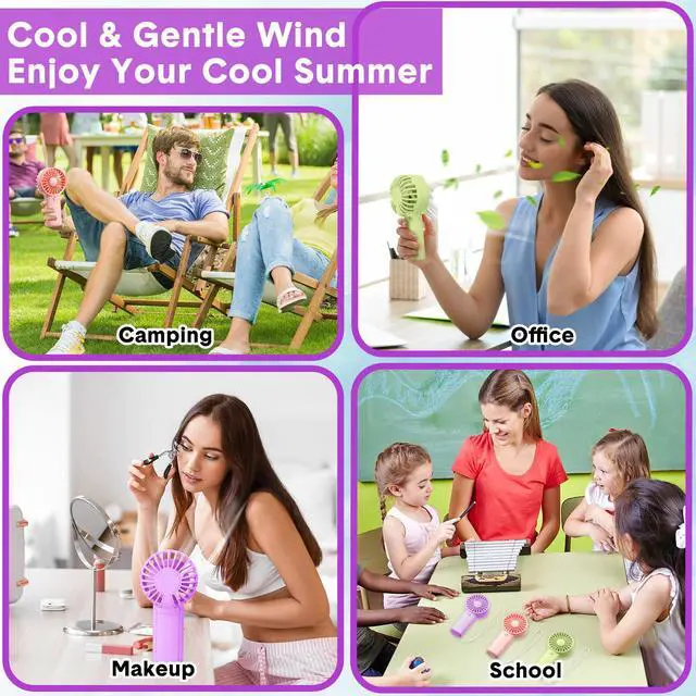Alt view image 6 of 7 - 12 Pcs Mini Portable Fan Handheld Battery Operated Portable Small Personal Fans for Summer Beach Indoor Outdoor Travel Cooling Gift (Pink,Purple,Green)