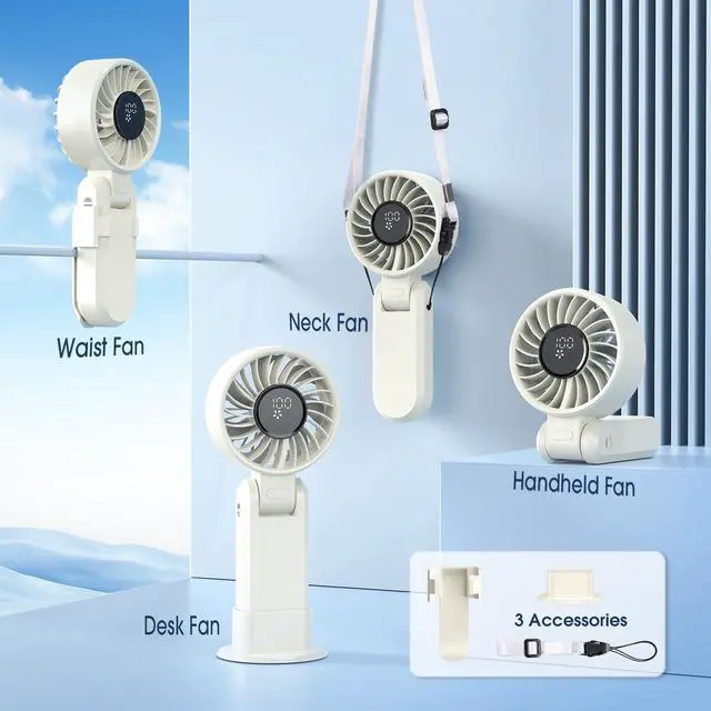 Alt view image 2 of 7 - 5200mAhPortable Handheld Fans for Travel, High-Speed Motor, Rechargeable Hand Held Fan, 5 Speed,180°Foldable, Small Personal Fan,4-IN-1 Hand/Desk/Waist/Neck Fans,Summer Beach Travel Essentials
