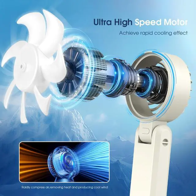 Alt view image 5 of 7 - 5200mAhPortable Handheld Fans for Travel, High-Speed Motor, Rechargeable Hand Held Fan, 5 Speed,180°Foldable, Small Personal Fan,4-IN-1 Hand/Desk/Waist/Neck Fans,Summer Beach Travel Essentials