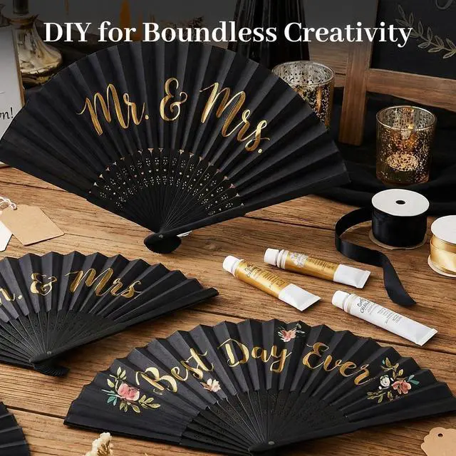 Alt view image 5 of 7 - 12 Pcs Black Paper Fans Handheld 8.3 Inch Foldable Hand Fan, Folding Fans Handheld for Women, Paper Rave Fan for Wedding Guests, Bridal & Baby Shower Favors, Rave Party Decorations