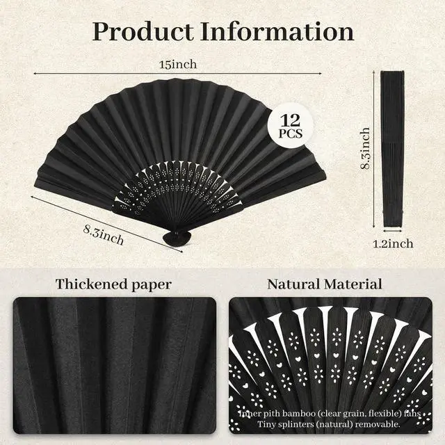 Alt view image 7 of 7 - 12 Pcs Black Paper Fans Handheld 8.3 Inch Foldable Hand Fan, Folding Fans Handheld for Women, Paper Rave Fan for Wedding Guests, Bridal & Baby Shower Favors, Rave Party Decorations