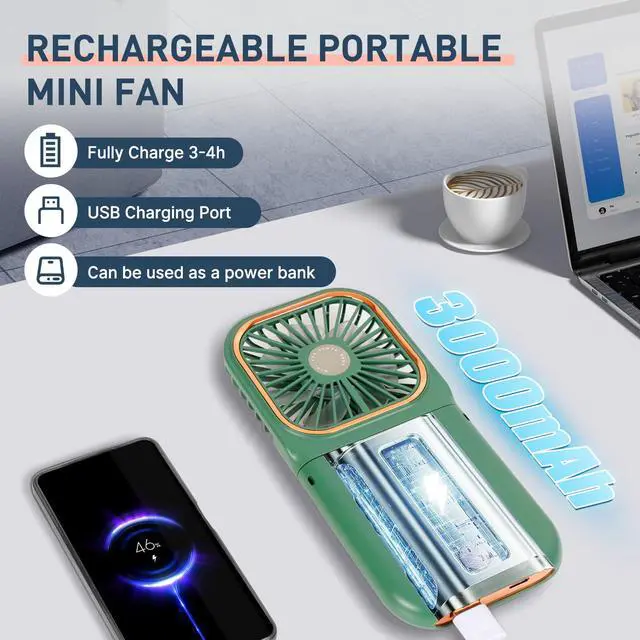 Alt view image 4 of 6 - Mini Fan,USB Portable Charger Handheld Fan, Small Personal Fan with 3 Speeds Neck Fan 3000mAh Power Bank