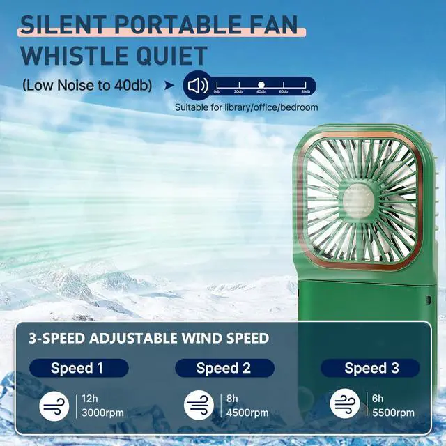 Alt view image 5 of 6 - Mini Fan,USB Portable Charger Handheld Fan, Small Personal Fan with 3 Speeds Neck Fan 3000mAh Power Bank