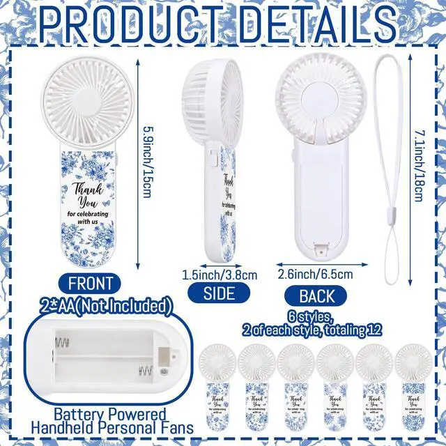 Alt view image 2 of 7 - 12 Set Blue Flower Mini Fans Bulk for Guests Wedding Favor Portable Personal Battery Powered Small Handheld Fans for Bridal Baby Shower Bridesmaid Thank You Gift Decorations Summer Party Favors