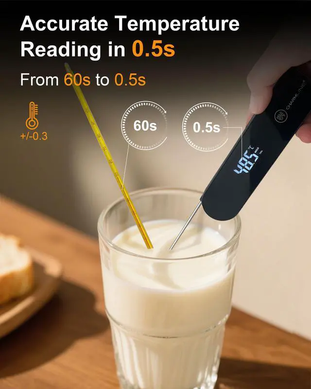 Alt view image 2 of 7 - 0.5 Sec Instant Read Meat Thermometer Digital, 180° Auto-Rotating Display LED, Food Thermometer for Cooking, Baking and Grilling, Dual Battery Design for Longer-Lasting Performance