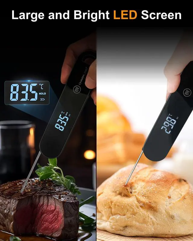 Alt view image 4 of 7 - 0.5 Sec Instant Read Meat Thermometer Digital, 180° Auto-Rotating Display LED, Food Thermometer for Cooking, Baking and Grilling, Dual Battery Design for Longer-Lasting Performance