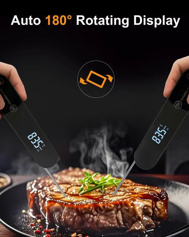 Alt view image 5 of 7 - 0.5 Sec Instant Read Meat Thermometer Digital, 180° Auto-Rotating Display LED, Food Thermometer for Cooking, Baking and Grilling, Dual Battery Design for Longer-Lasting Performance