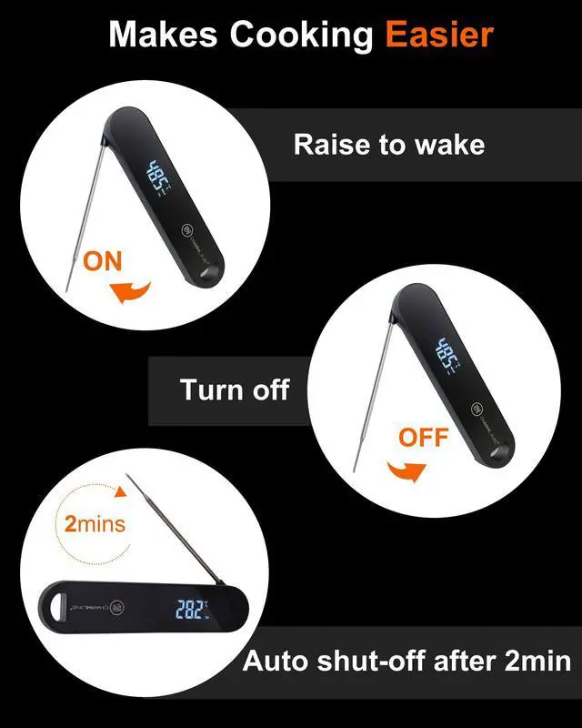 Alt view image 6 of 7 - 0.5 Sec Instant Read Meat Thermometer Digital, 180° Auto-Rotating Display LED, Food Thermometer for Cooking, Baking and Grilling, Dual Battery Design for Longer-Lasting Performance