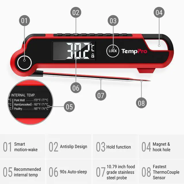 Alt view image 6 of 7 - Instant Read Meat Thermometer Digital, Cooking Thermometer with Large Auto-Rotating LCD Display, Waterproof Food Thermometer Digital for Kitchen, BBQ, or Grill (Previously ThermoPro)