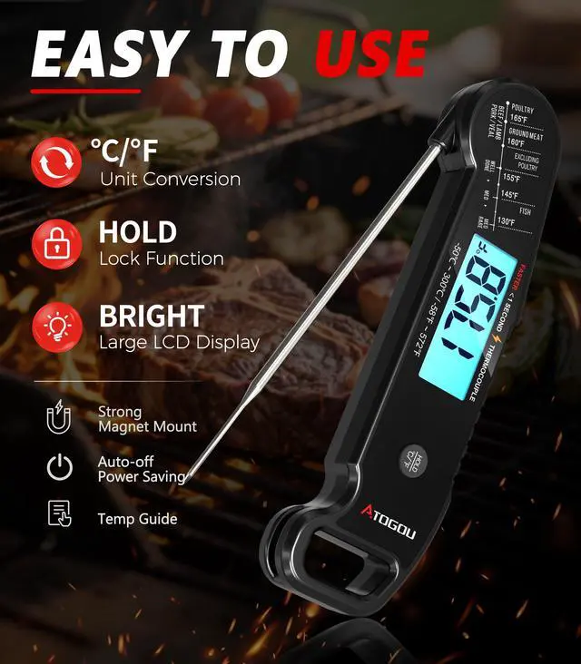 Alt view image 7 of 7 - Professional Meat Thermometer Digital for Cooking Food, <1 Sec Instant Read & ±0.5 Accuracy, IP67 Waterproof, Thermocouple Sensor Probe, for Kithchen, BBQ, Grill, for Men Him Dad, Black