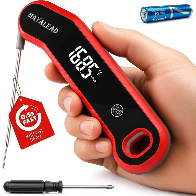 Main image of 0.5 Sec Instant Read Meat Thermometer Digital Food Thermometer for Cooking Precise ±0.3, Magnet Store, Large Bright LED Display IP67 Waterproof BBQ Thermometer for Grill, Oven & Kitchen (Red)