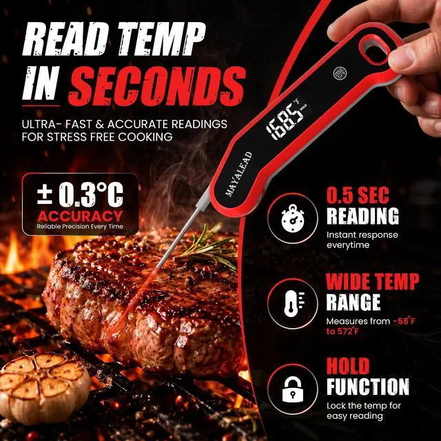 Alt view image 2 of 7 - 0.5 Sec Instant Read Meat Thermometer Digital Food Thermometer for Cooking Precise ±0.3, Magnet Store, Large Bright LED Display IP67 Waterproof BBQ Thermometer for Grill, Oven & Kitchen (Red)