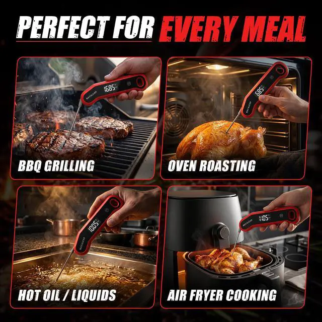 Alt view image 3 of 7 - 0.5 Sec Instant Read Meat Thermometer Digital Food Thermometer for Cooking Precise ±0.3, Magnet Store, Large Bright LED Display IP67 Waterproof BBQ Thermometer for Grill, Oven & Kitchen (Red)