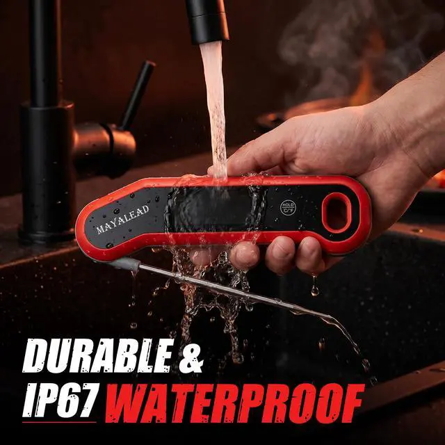 Alt view image 5 of 7 - 0.5 Sec Instant Read Meat Thermometer Digital Food Thermometer for Cooking Precise ±0.3, Magnet Store, Large Bright LED Display IP67 Waterproof BBQ Thermometer for Grill, Oven & Kitchen (Red)