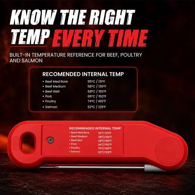 Alt view image 6 of 7 - 0.5 Sec Instant Read Meat Thermometer Digital Food Thermometer for Cooking Precise ±0.3, Magnet Store, Large Bright LED Display IP67 Waterproof BBQ Thermometer for Grill, Oven & Kitchen (Red)
