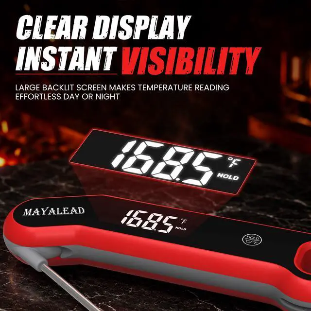 Alt view image 7 of 7 - 0.5 Sec Instant Read Meat Thermometer Digital Food Thermometer for Cooking Precise ±0.3, Magnet Store, Large Bright LED Display IP67 Waterproof BBQ Thermometer for Grill, Oven & Kitchen (Red)