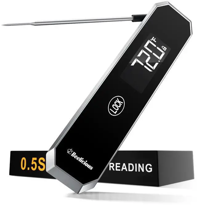 Main image of Meat Thermometer with Temp Lock & Auto-Resume, Multi-Tested 0.5 Sec Instant Read Digital Probe, IP67 Waterproof 18/8 Stainless Steel for Cooking, Grilling, BBQ, Smoker, Candy, Black